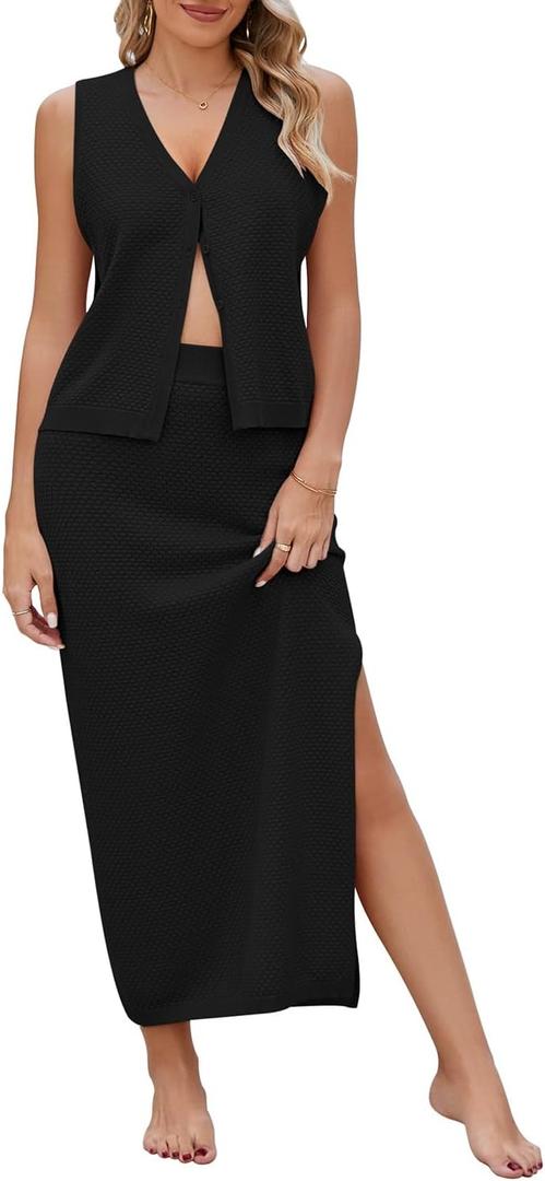 Pink Queen Women's Summer 2 Piece Outfit Set V Neck Button Crop Tank Top Vest Bodycon Maxi Long Skirt Waffle Knit Dress (Black), X
