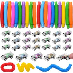 VKTEN 56PCS Party Favors for Kids, 28 Pop Tubes and 28 Mini Pull Back Cars, Birthday Party Favors, Goodie Bag Stuffers, Treasure Box Toys, Classroom Prizes, Carnival Rewards for Boys and Girls