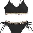 Women's Shiny V Neck Bathing Suit Triangle Summer Swimsuit Bikini Set 2 Piece (Large, Black)