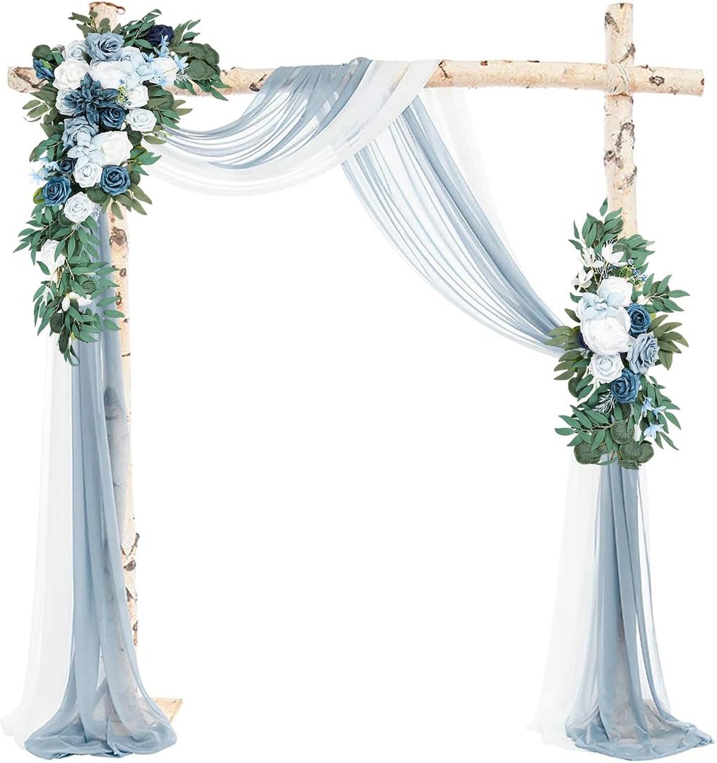 Emivery Wedding Arch Flowers Kit (Pack of 4) Dusty Blue Flower Arrangement with 2pcs Draping Fabric Artificial Flower Swag for Wedding Ceremony Reception Backdrop Decorations
