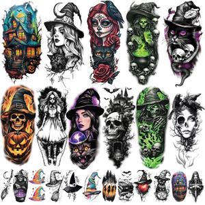 77 Sheets Witch Temporary Tattoos Women Men Adults, Skeleton Death Skull Pointed Black Hats Brooms Cauldrons Black Cats Half Arm Halloween Fake Tattoo, Bat Scary Tattoos for Halloween Costume