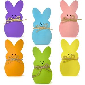 Easter Bunny Decorations,6 Pcs Big Size Pre-Tied Easter Wooden Bunnies Dcor 5.9" x 3.2" Spring Rabbit Peeps Bunny Decor for Home Table Office Tray Easter Basket Gifts Stuff Party Supplies