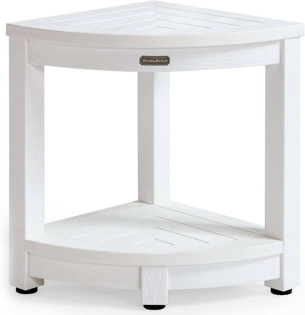 KaimuBench Corner Shower Stool for Inside Shower Waterproof, Poly Lumber Bathroom Shower Corner Bench Seat, Plastic Shower Chair Seat, Shower Shaving Foot Rest with Adjustable Feet, Non-Slip, White