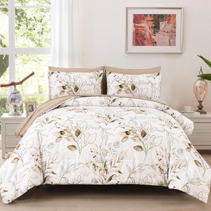 WONGS BEDDING Brown Comforter Set Queen, 7 Pieces Botanical Bed in a Bag Golden Leaves Bedding Set Soft Microfiber Queen (1 Comforter,2 Pillowcase,2 Pillow Shams,1 Flat Sheet,1 Fitted Sheet)