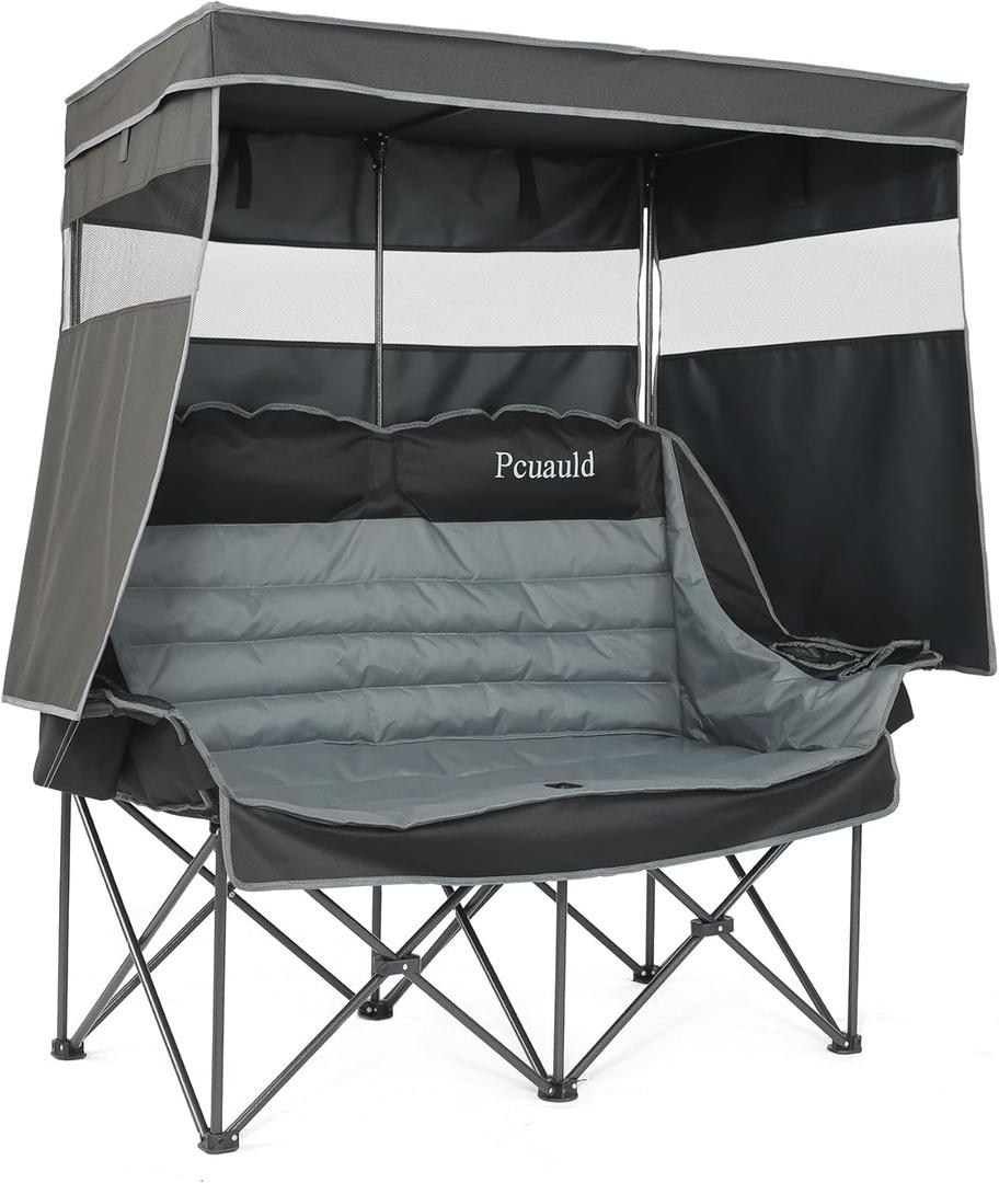 Double Camping Chair with Canopy Heavy Duty 2 Person Folding Loveseat Beach Chair with Shade High Back Oversized Outdoor Camping Couch with Cup Holders & Wine Racks for Lawn, Fishing, Sports, 23 inches x 39 inches x 61 inches