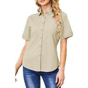 Wrinkle Free Button Down Shirts for Women Charm Slim-Fit Short Sleeve Formal Solid Dress Shirt Blouses Tops (Beige, M)