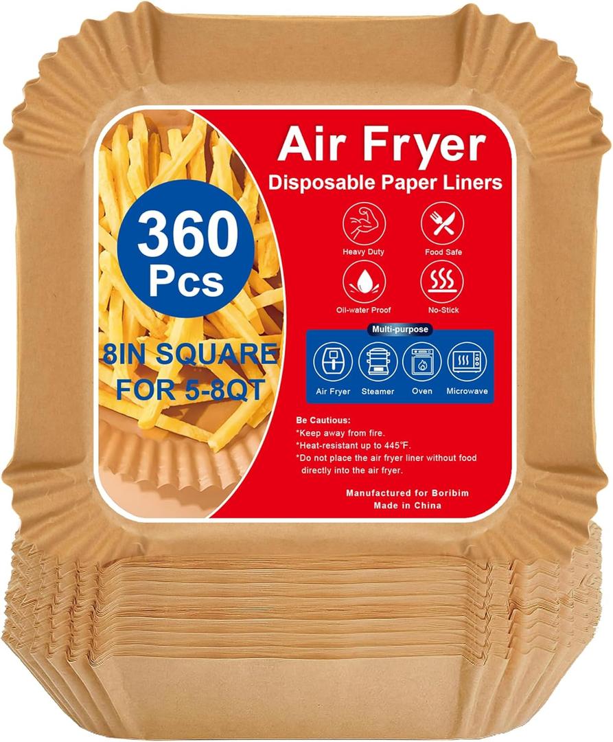 360 PCS Air Fryer Paper Liners, 8 Inch Square Air Fryer Liners Disposable, Non-Stick and Oil Proof Heavy Duty Parchment Paper for 5-8 QT Airfryer Basket, Roasting and Microwave