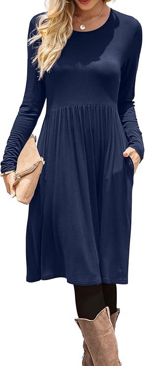 DB MOON Women Casual Long Sleeve Dresses Empire Waist Knee Length Loose Dress with Pockets S Navy