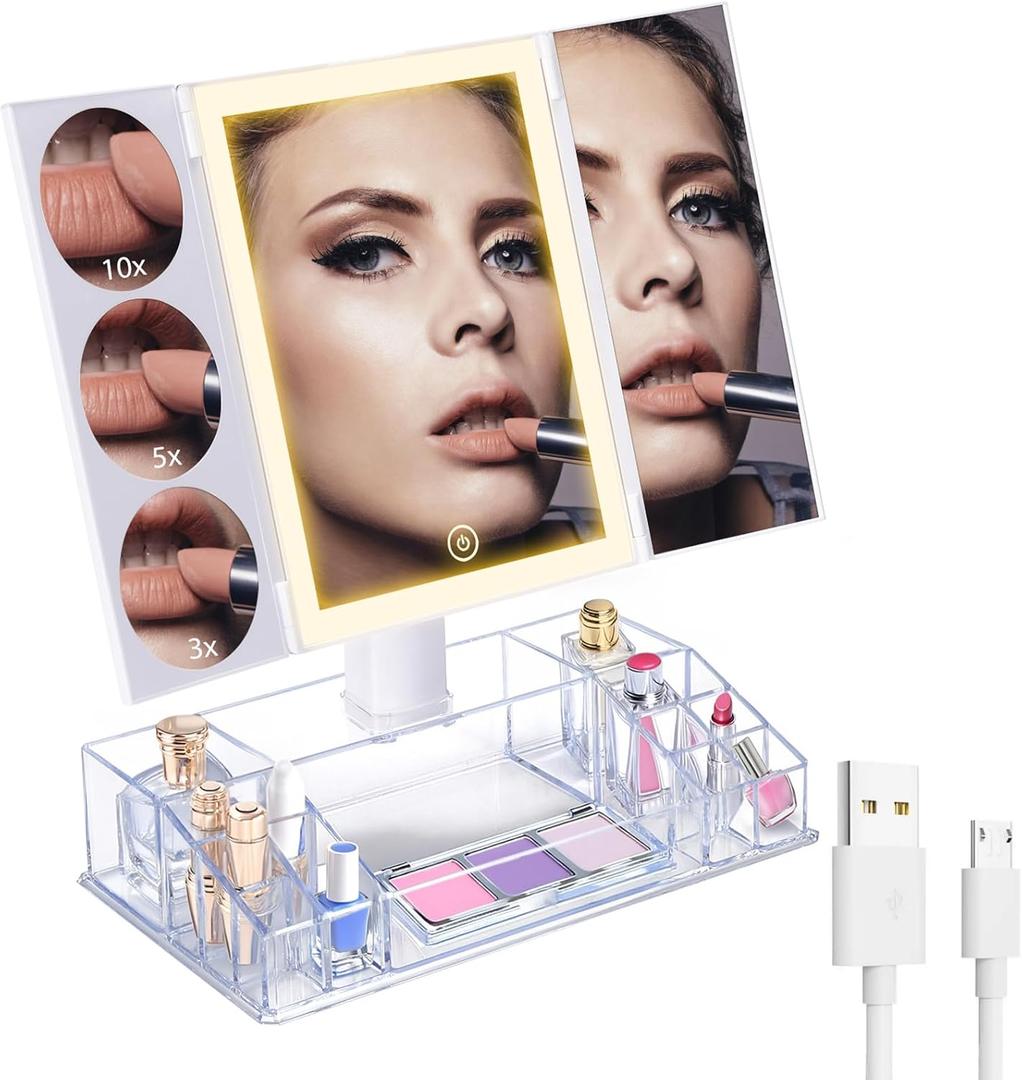 Trifold Makeup Mirror with Lights and Magnification 3X, 5X, 10X, Clear Cosmetic Storage Organizer, 3 Way Lighted Vanity Mirror, 3 Color Changing Dimming Touch Tabletop Mirror