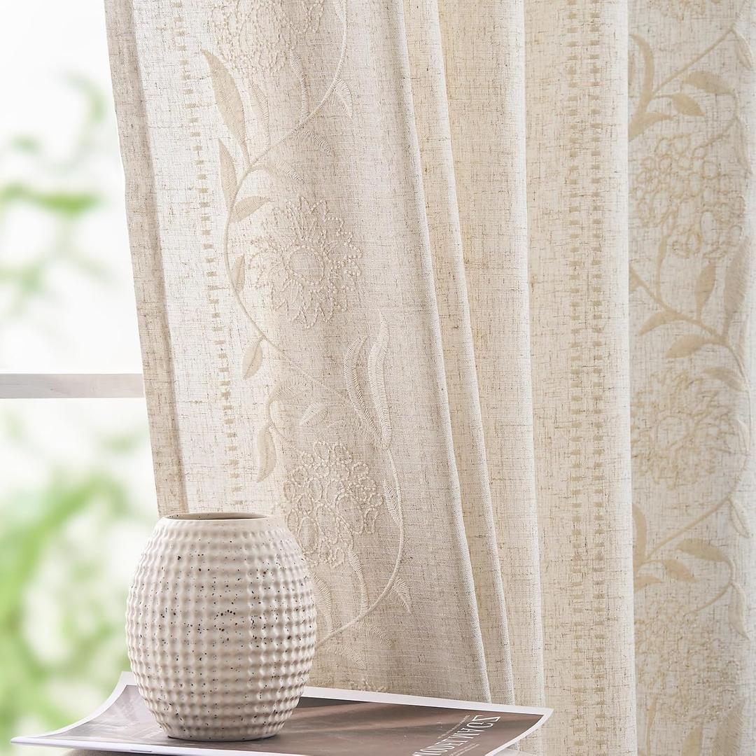 jinchan Winslow Linen Curtains for Bedroom 90 Inches Length Embroidered Bordered Floral Curtains for Living Room Farmhouse Decor Light Filtering Window Treatments Ivory on Beige Drapes 2 Panels