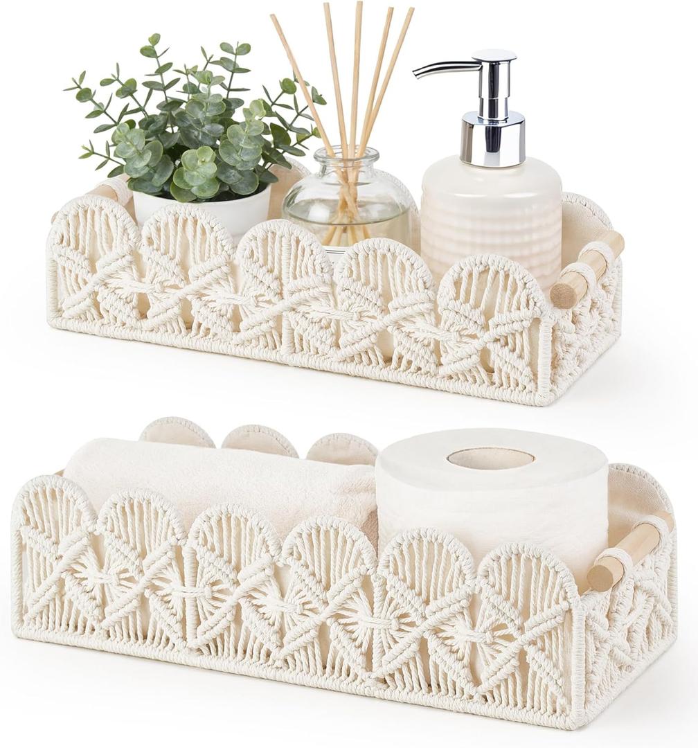 Mkono Macrame Storage Basket, Scalloped Edge Toilet Paper Basket Boho Woven Decor, Small Countertop Organizer with Handles for Shelf, Living Room, Bedroom, Home, Office, 2 Pack, Ivory