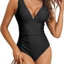 Zando One Piece Swimsuit for Women 2024 V Neck Bathing Suit Ruched Tummy Control Swimsuit Sexy High Cut Bathing Suits (Small, Black)