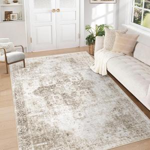 Area Rug 5x7 Washable Rug, Vintage Boho Medallion Rugs Non-Slip Soft Low Pile Large Distressed Rug Indoor Retro Carpet for Living Room Bedroom Dining Room Home Office (Taupe, 5'x7')