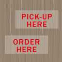 Order Here Sign 2PK Acrylic Hanging Order & Pick-Up Here Signs, 13.5" x 6" Frosted Back, Includes 4 Hooks, Durable Counter Signs for Café, Bakery, Restaurant, Pickup Station (Red Text)