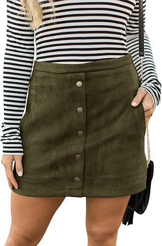 Meyeeka Women's Button Front Faux Suede High Waist A-line Mini Skirt with Pocket L Army Green