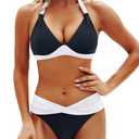 Yonique Women Two Piece Bathing Suits Push Up Bikini Set Halter Swimsuit Vintage Swimwear Black and White L