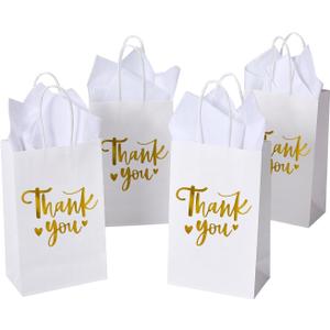 DjinnGlory 50 Pack Small White & Gold Foil Thank You Paper Gift Bags with Handles 9 x5.5 x3.15 Inch and 50 Tissue Paper for Wedding Baby Shower Birthday Mother's Day Graduation Favors Goodies