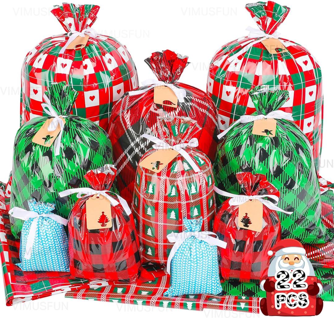 Christmas Bags for Gifts, 22pcs Christmas Gift Bags Assorted Sizes - Small/Medium/Large, Xmas Santa Drawstring Bulk Presents Wrapping Paper Bag, Reusable Plastic Holiday Gift Bags with Ribbon Ties