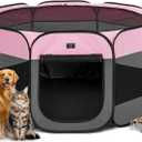 Dog Playpen for Small Dogs & Puppies, 50.39" Portable Indoor Outdoor Puppy Playpen with Bowl, Waterproof Floor, Foldable Pop-Up Pet Pen for Home, Travel & Daily Use, Pink+Grey