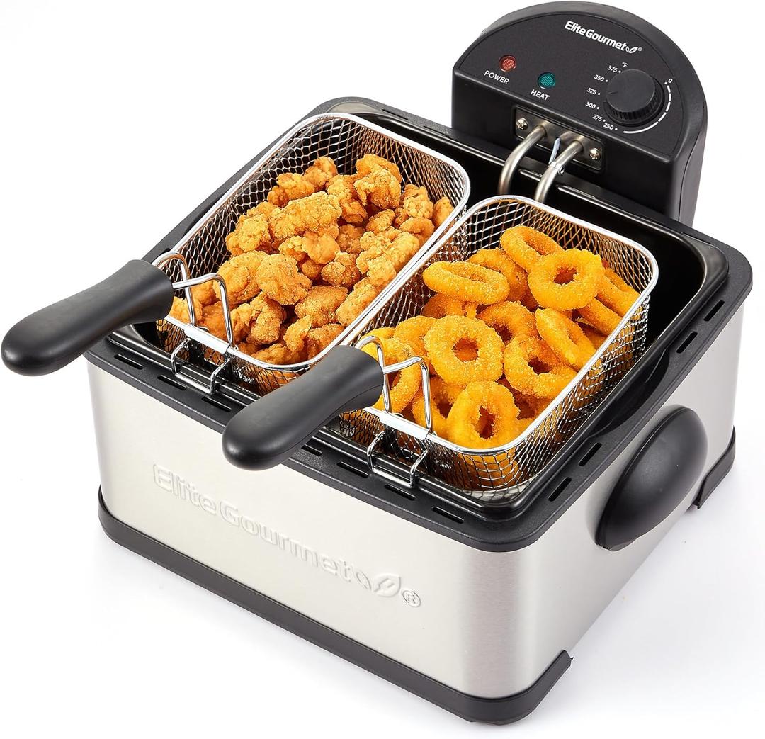 Elite Gourmet Electric Deep Fryer, 4.5 Qt Total Oil Capacity (Dual 2-Qt Split Baskets), 1700 Watts, Stainless Steel, Separates Foods for Simultaneous Cooking, Stainless Steel