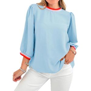 Tankaneo Womens 3/4 Sleeve Puff Tops Casual Loose Fit Patchwork Blouse Crew Neck T Shirts Tunic (Blue, M)