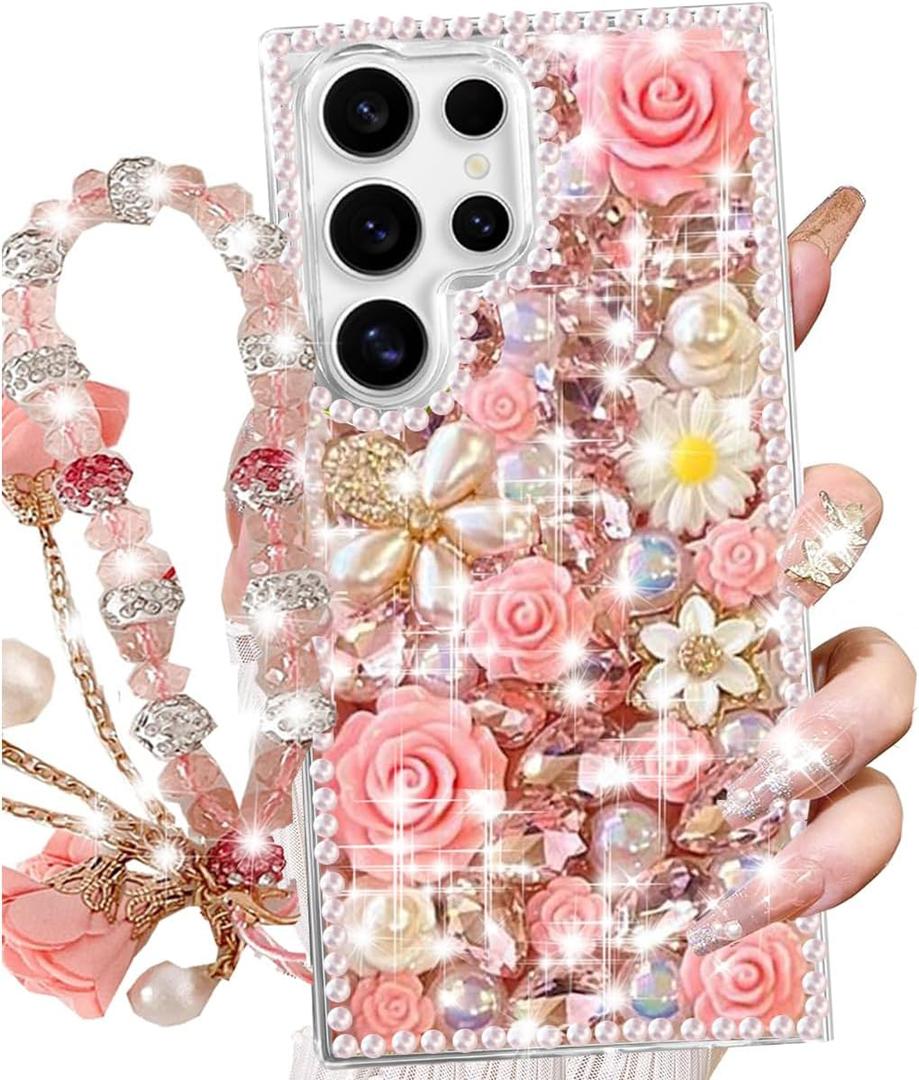 for Samsung Galaxy S25 Ultra Glitter Bling Case,Cute Luxury 3D Sparkle Crystal Rhinestones Flowers Diamond Pearl with Lanyard Wrist Strap Women Girls Case for Galaxy S25 Ultra 6.9 Inch (Pink)