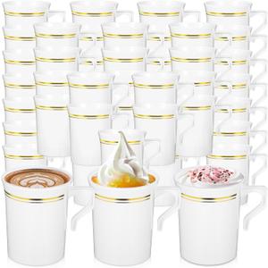 48 Pcs Plastic Coffee Cups with Rim, 8 oz Disposable Coffee Mugs with Handle Disposable Tea Cups Espresso Beverage Plastic Mugs for Wedding (White, Gold)