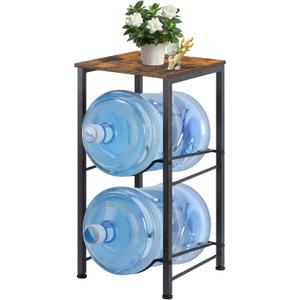 MOOACE 5 Gallon Water Jug Rack, 2 Tier Water Bottle Holder Organizer with Storage Shelves, Water Dispenser Stand Shelf for Office Kitchen Living Room, Rustic Brown
