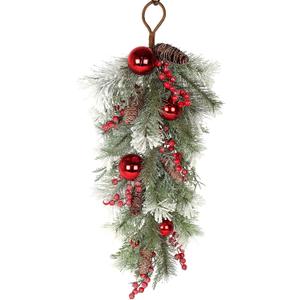 32 Inch Artificial Mixed Pine Christmas Teardrop Swag with Snow, Crystals, Berries, Pine Cones and Red Ball Ornaments