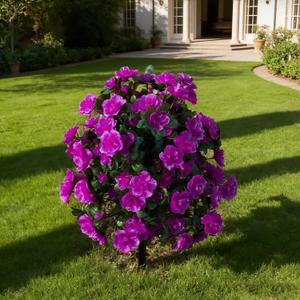 Artificial Silk Flowers Azalea for Outdoor with Ground Spike, Faux Floral Topiaries Ball Bushes Shrubs for Home Garden Yard Patio Decor UV Resistant (Purple)