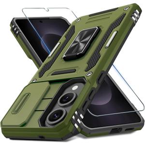 DEERLAMN Case for Samsung Galaxy S25 Edge with Slide Camera Cover+Screen Protector (1 Pack), Rotated Ring Kickstand Military Grade Shockproof Protective Cover-Olive Green