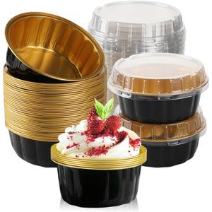 100 Pcs 8 oz Aluminum Foil Cup with Lids Disposable Ramekins with Lids Disposable Ramekin Baking Cups Foil Cupcake Containers for Wedding, Christmas, Kitchen, Party (Black, Gold, 8 oz)