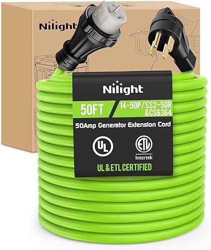 Nilight 50FT 50 Amp Generator Extension Cord 250V Heavy Duty 6/3+8/1 Gauge Pure Copper STW Wire ETL Listed 4 Prong 14-50P SS2-50R&CS6364 Suit for RV Camper Outdoor Use Bright Green