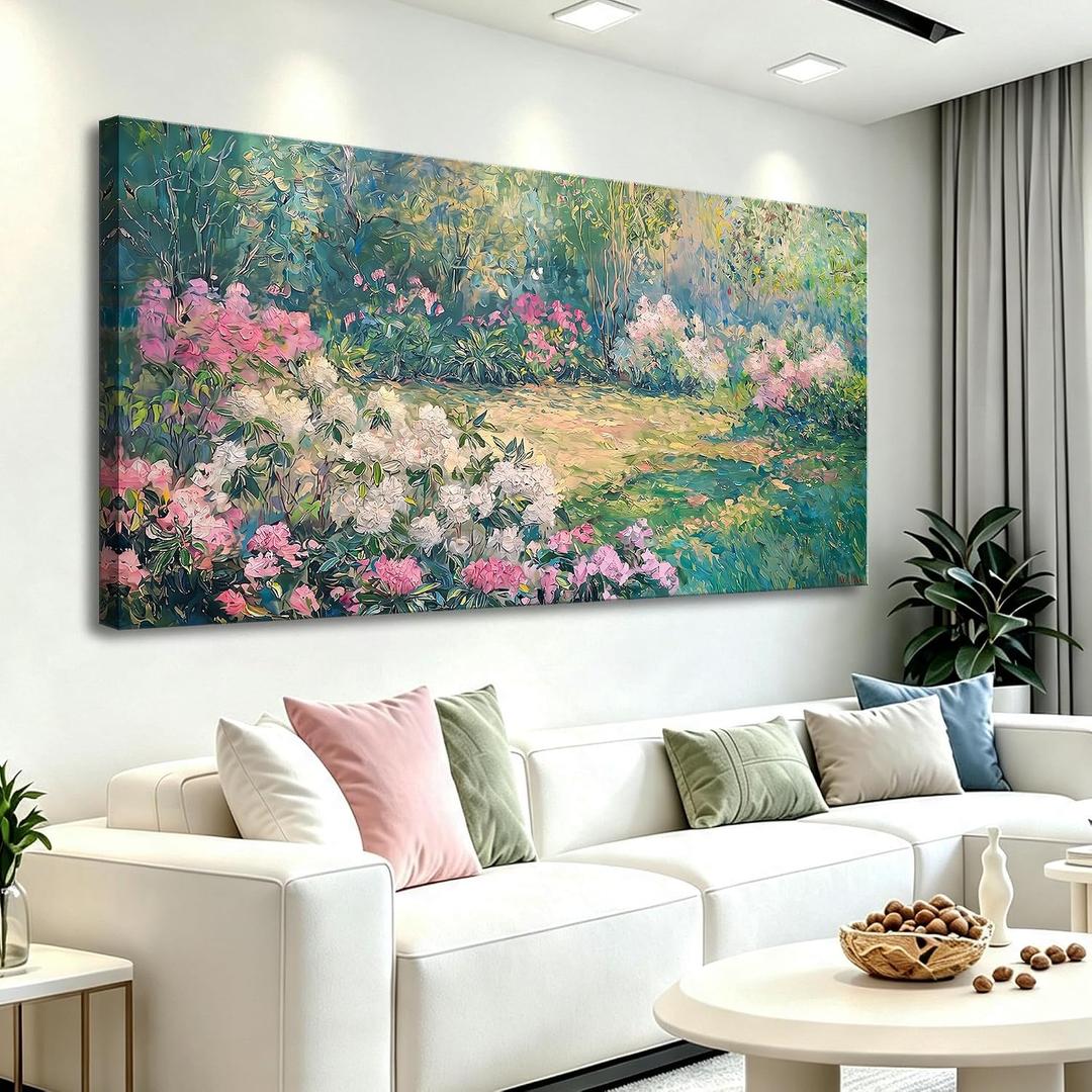 msspart Large Garden Floral Canvas Wall Art for Living Room Pink Flower Garden Nature Green Impressionist Painting, Textured Picture Modern Landscape Artwork Bedroom Home Office Decor 24”x 48”