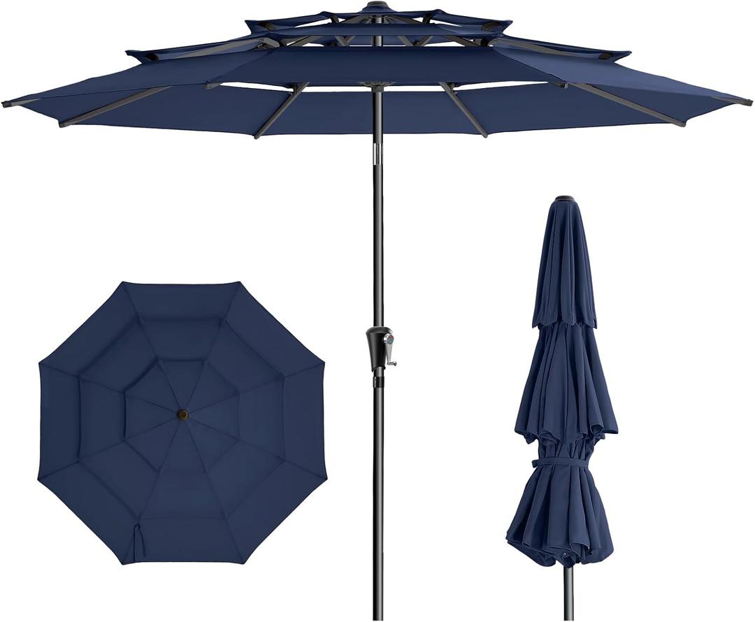 HOMSHADE 9FT 3-Tiers Outdoor Patio Umbrella with 5-Year Fade Resistant,Vented Outdoor Commercial Market Umbrella with UPF50+ UV Protection & Push Button Tilt and Crank for Pool,Backyard(Navy Blue)
