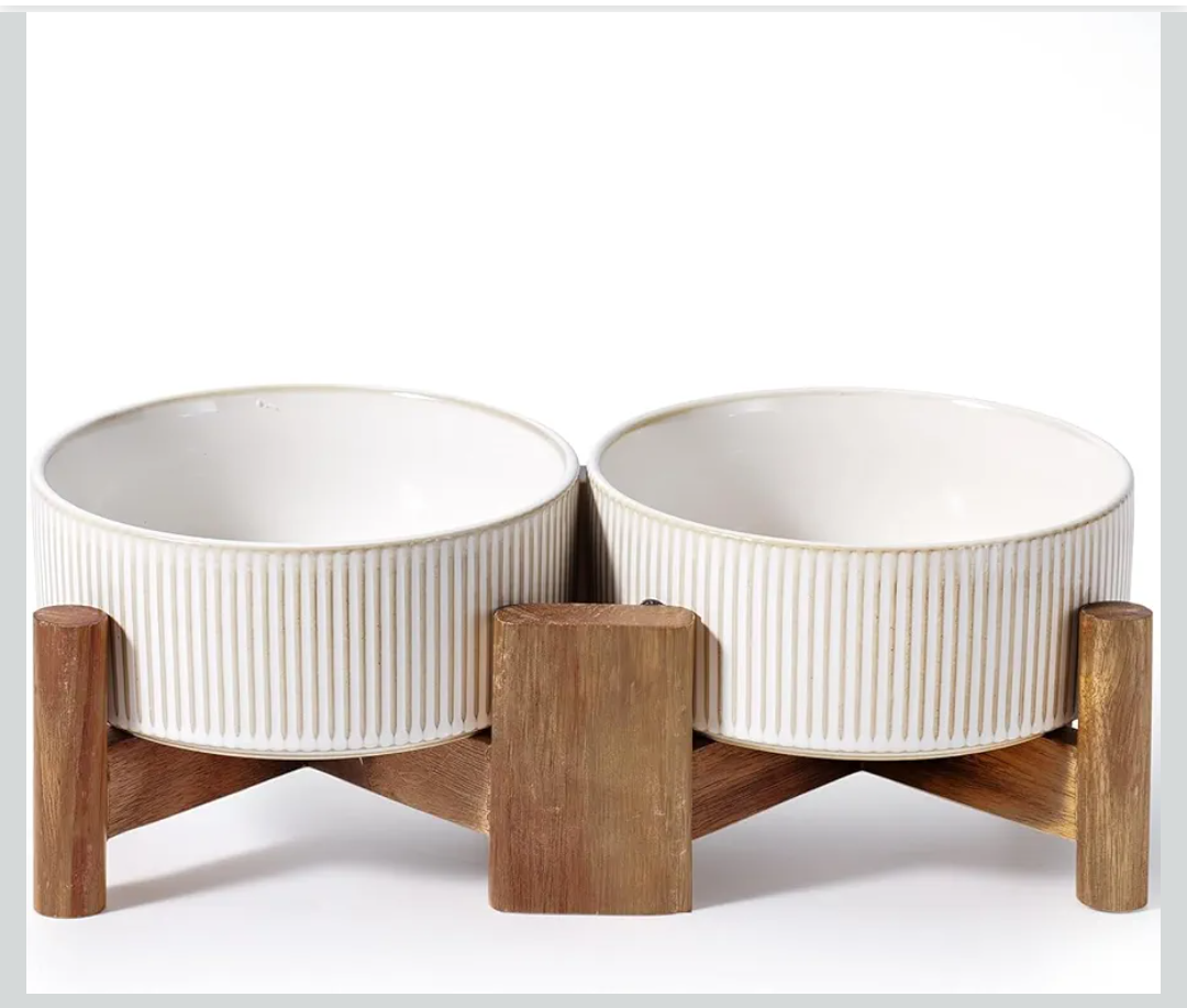 Getstar Ceramic Dog Bowls Set with Acacia Wood Stand, 3.5 Cups Pet Bowls Set of 2 for Medium Dogs, Cute Dog Food Bowl, Cat Bowls