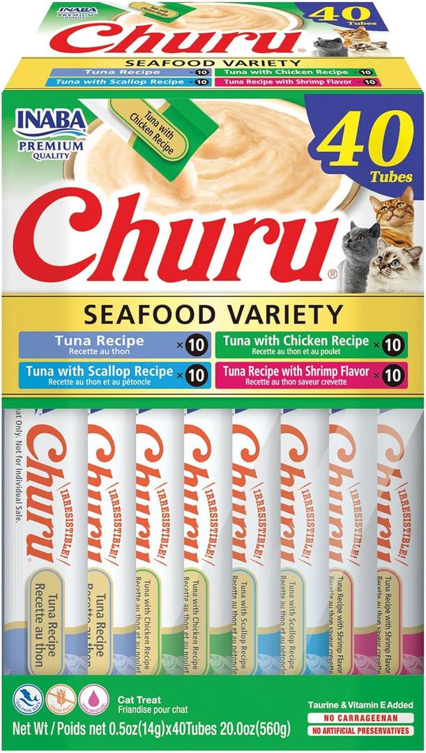INABA Churu Cat Treats, Grain-Free, Lickable, Squeezable Creamy Pure Cat Treat/Topper with Vitamin E & Taurine, 0.5 Ounces Each, 40 Tubes, Tuna & Seafood Variety Box