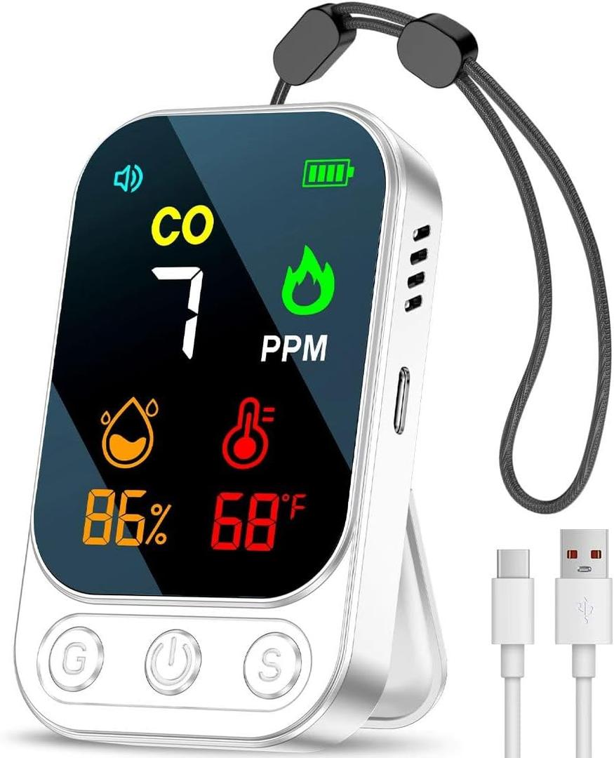3-in-1 Portable Carbon Monoxide Detector for Travel, Home, Camping, RVs, Mini Size, Type-C Fast Charging, Lanyard & Stand Included, Monitors CO, Temperature & Humidity.