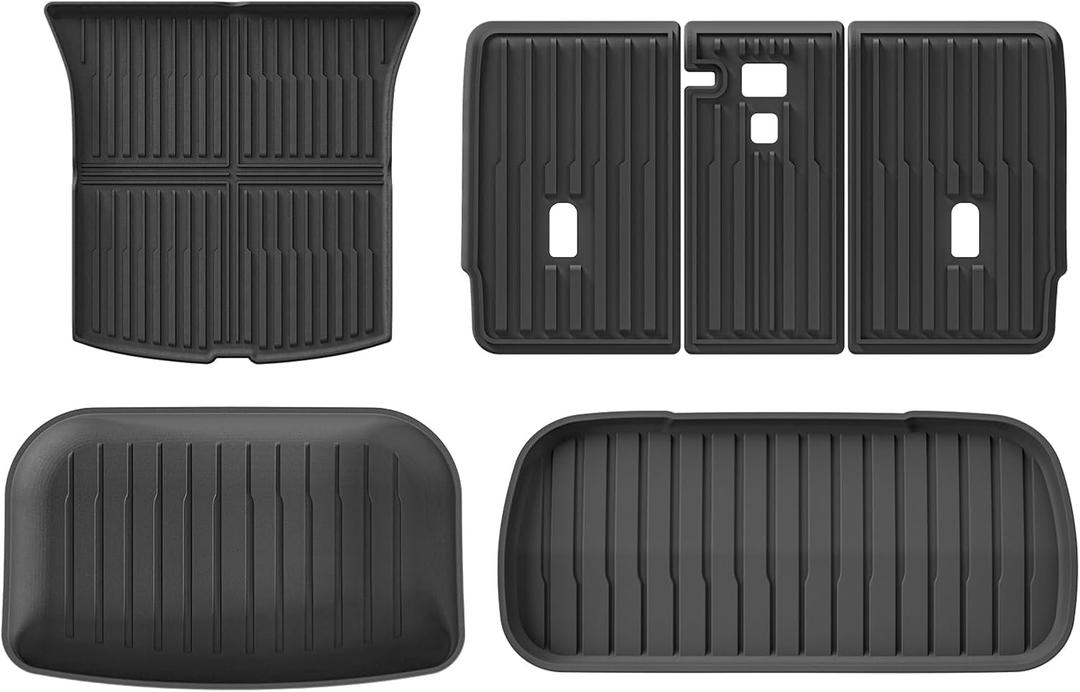 LUCKEASY 4PCS Rear & Front Trunk Mat& Backrest Mat& Trunk Lower Mat for 2025 Tesla Model Y Juniper New 5 Seat Floor Liners Cargo Liner Backrest Liner Waterproof All-Weather Accessories TPE Black
