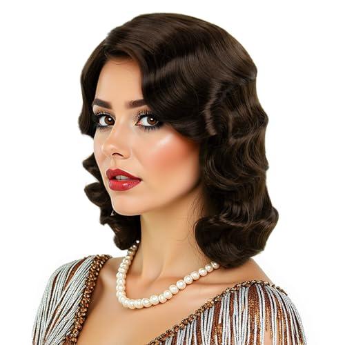 MEDISIFA Long Brown 1920s Wig for Women Gatsby roaring 20s Finger Wave Party Synthetic Full Vintage Wigs for Womens Lady Cosplay Costume Fancy Dress 1920 Flapper Wig