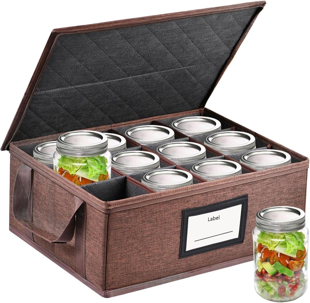 Geliwosy 32 oz Mason Jar Storage Containers - Sturdy Canning Jar Storage Boxes Organizer, Foldable Carrier Bag with Handles and Dividers, Holds 12 Quart Mason Jars, Home Canning Supplies (Quart)