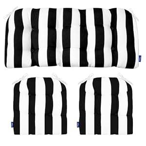 INFBLUE 3 Piece Tufted Wicker Cushions for Patio Furniture, Outdoor Wicker Chair Cushions with Ties, Water-RepellentWicker Furniture Cushions, 1 Loveseat and 2 U-Shaped Cushion Set （Black Stripes）