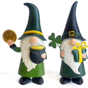 HONGLAND Garden Gnomes Spring Outdoor Decor, Gnomes Figurine Metal Yard Art, Luck Shamrock Gnome for Home Outside Garden Lawn Party Yard Patio (14 INCH) (Green&black)