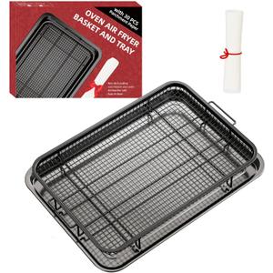 Oven Air Fryer Basket and Tray, Large 15.7"  11.6" Air Fryer Pans for Oven with 30 Sheet Parchment Papers, THORSES Crisper Tray Durable Non-stick Stainless Steel Air Fryer Basket for Oven - Black