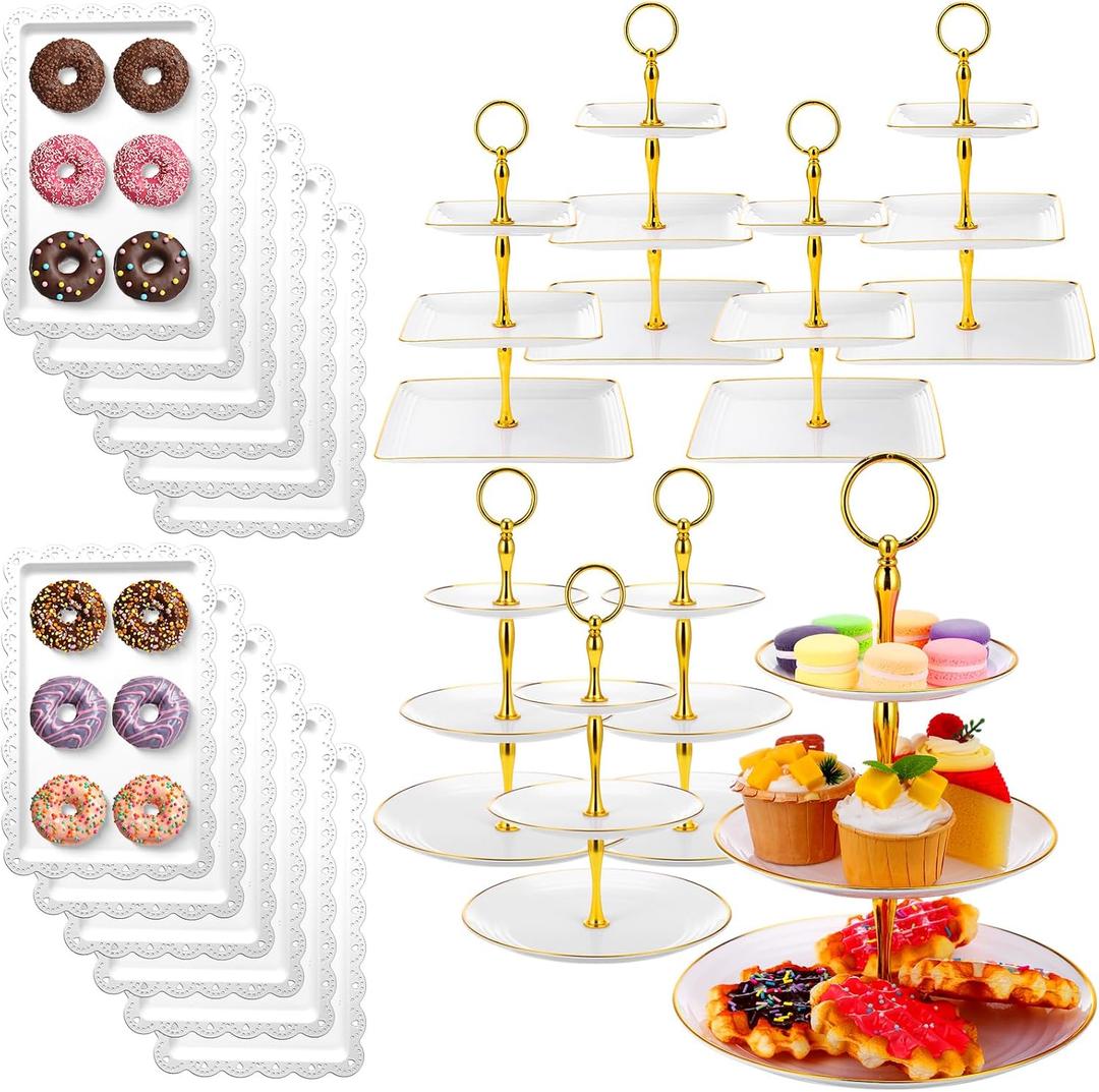 Teenyyou 20 Pack Dessert Table Display Set 8 Pcs 3 Tiered Cupcake Stand with Gold Edges 12 Pcs White Dessert Serving Tray for Wedding Birthday Tea Party Decorations (Round and Square)