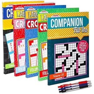 VARIETY SAVINGS 5-Pack 450+ Travel-Size Crosswords Puzzle Books for Adults, Aging Seniors Brain Stimulation Large Print Words Activity Books (Variety Pack Bulk), Paperback – Digest Size 8x5”