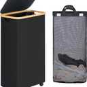 efluky Slim Laundry Basket with Wheels, Narrow Rolling Laundry Hamper with Lid and Removable Bag, Aesthetic Dirty Clothes Hamper on Wheels for Laundry Room, Bedroom, Dorm and Bathroom, 75L Dark Black