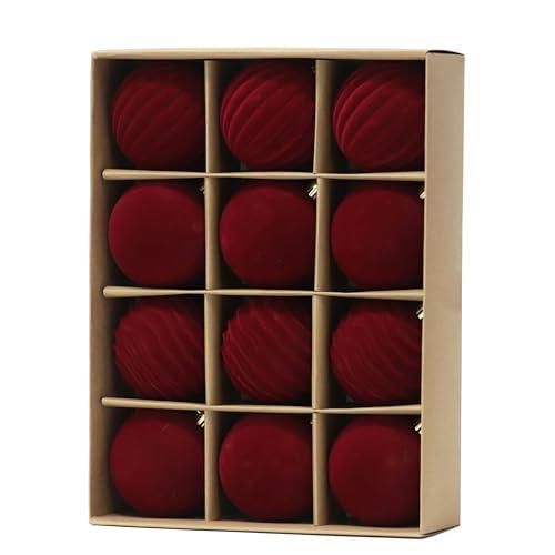 Senjie 3.15inch Burgundy Velvet Christmas Ornaments Balls Flocked Christmas Tree 16PCS Plastic Balls Xmas Hanging Ornaments Decoration Red