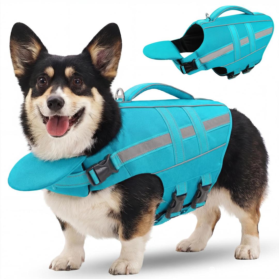 Dog Life Jacket Dog Life Vest for Swimming Boating with Front Chin Float | High Buoyancy Pool Floaties Lifesaver Detachable Adjustable Reflective Ripstop Pet Preserver with Rescue Handle Turquoise M