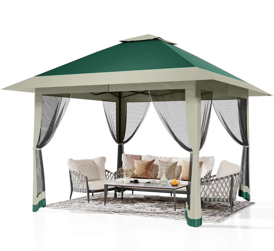 Garvee 13'x13' Pop Up Tent Outdoor Canopy Shelter with Mosquito Netting 4 Stanbags Instant Gazebo Tent for Lawn, Garden, Backyard Deck (Olive Green + Taupe)